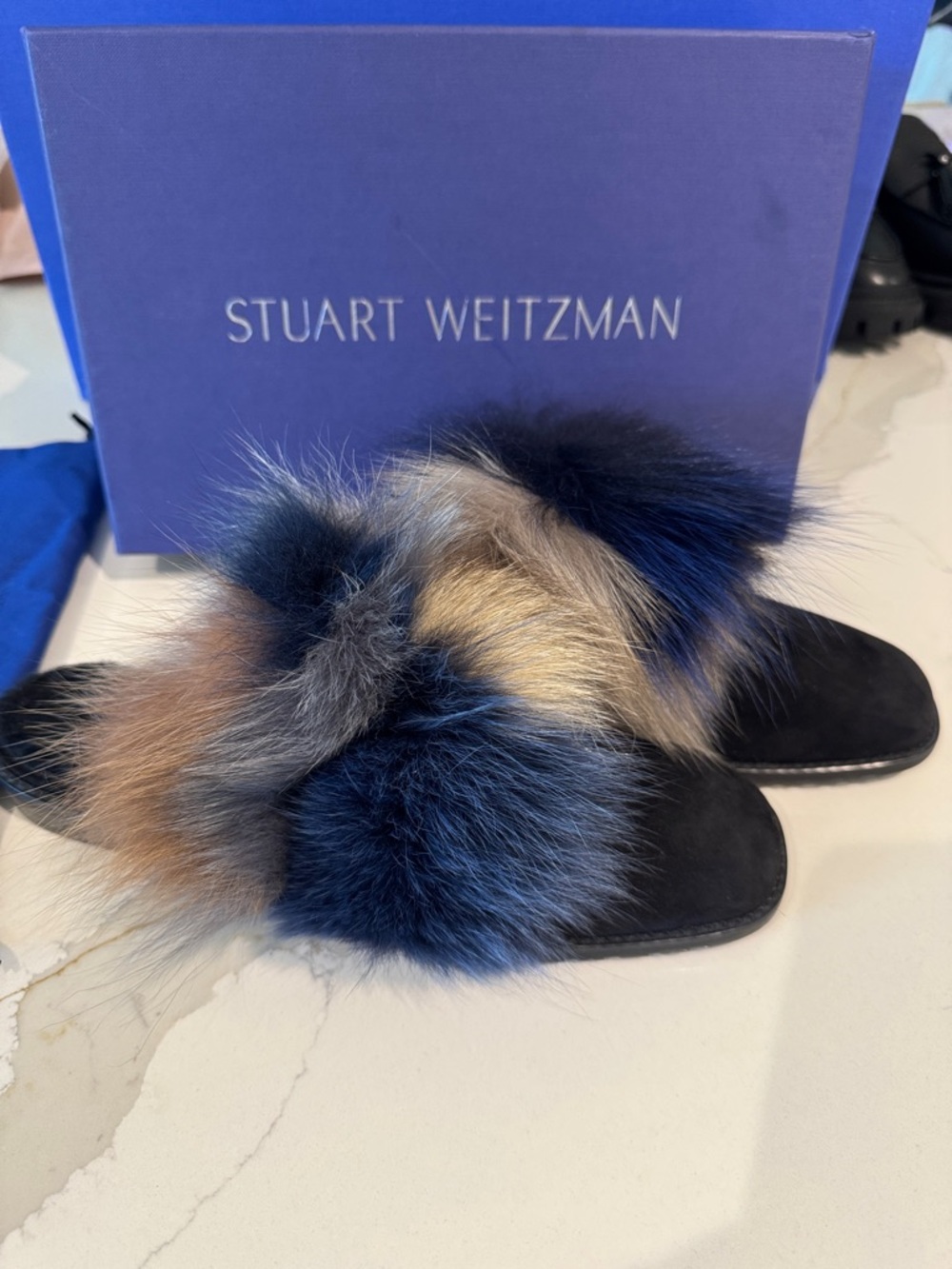 Stuart Weitzman Black suede Multi Fox Fur Slide Sandals 9